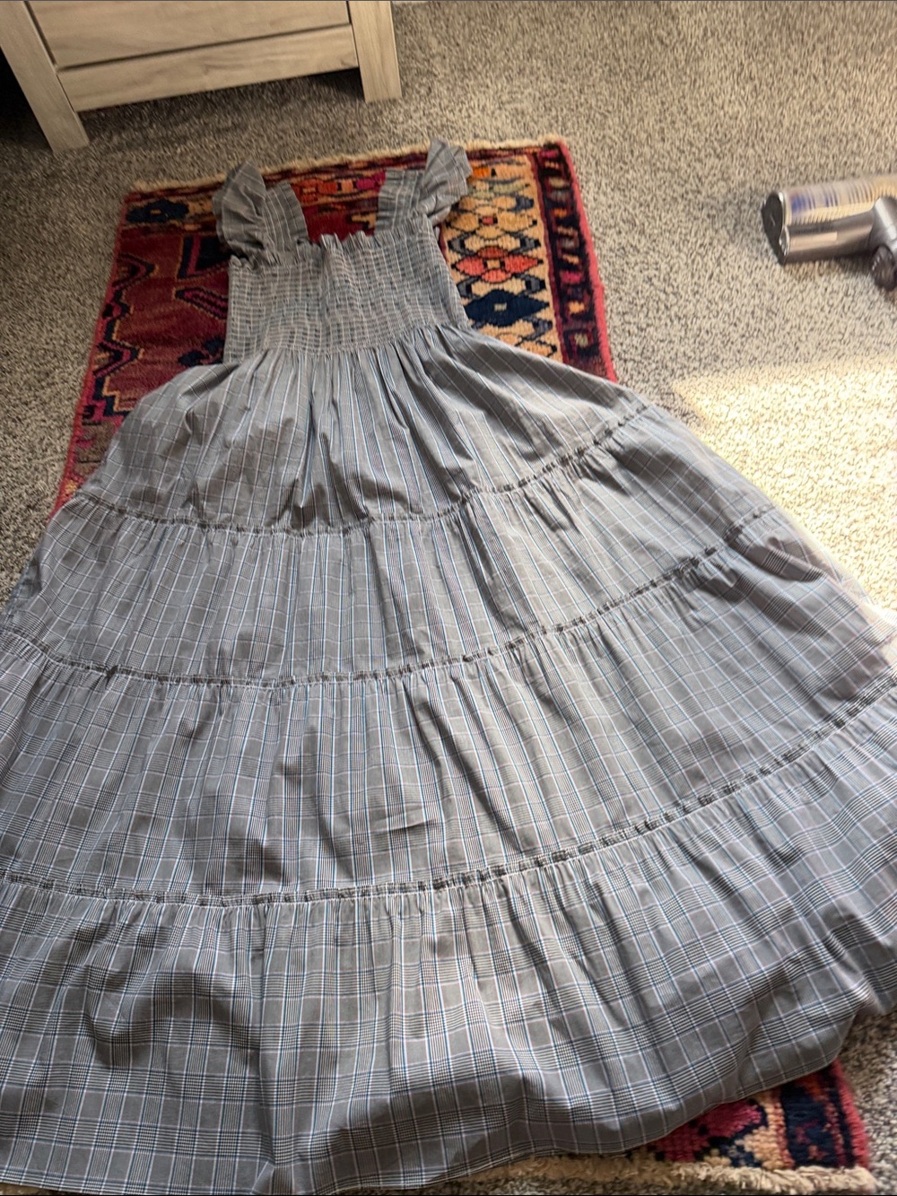 Hill House womens Grey Plaid Tiered Maxi Dress with Ruffled Straps
